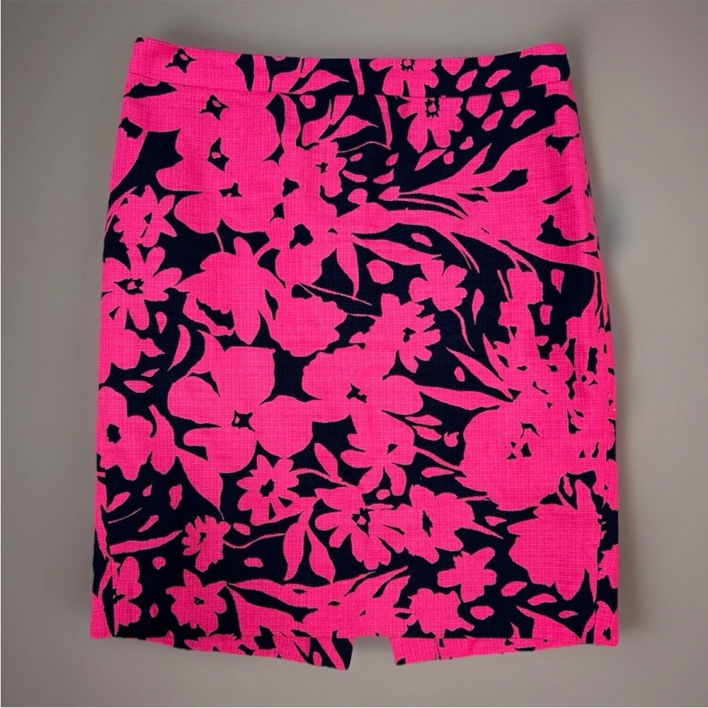 J. Crew Pencil Skirt Woven Navy Blue Fuchsia Pink Floral Women's SZ 6